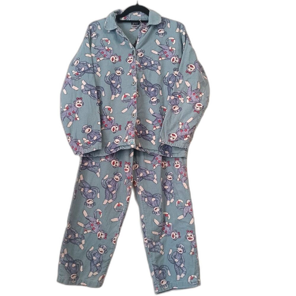 Vtg 90 Joe Boxer Sock Monkey Women S 2pc Pajama Y2k Kidcore Sleepwear Cotton